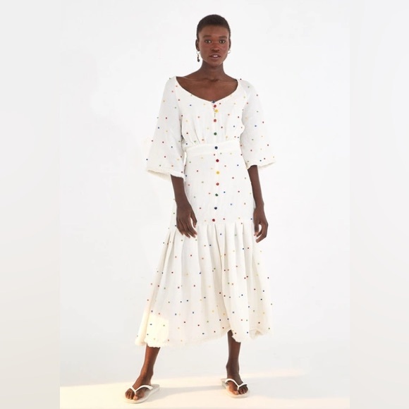 Farm Rio White Beaded Dress Rainbow Backless Flutter Sleeve Midi Size Small - Picture 1 of 6